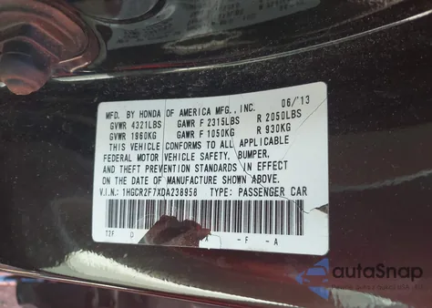 2013 Honda Accord Ex z USA, uszkodzony, nr VIN 1HGCR2F7XDA238958